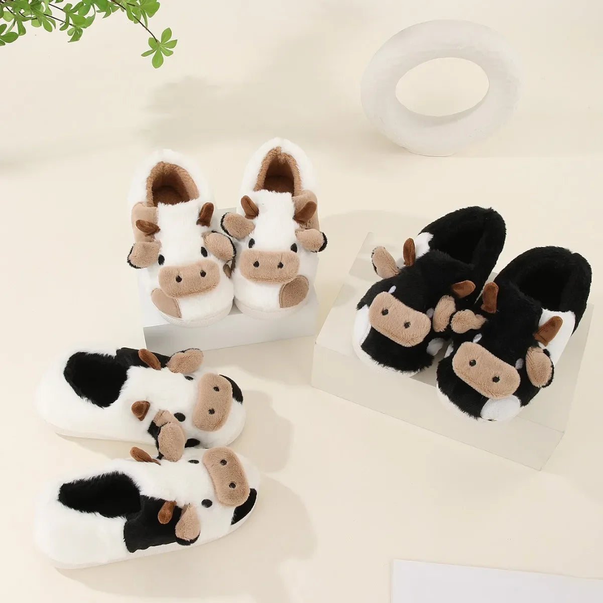 Cute Cow Plush Slippers – Warm & Comfy
